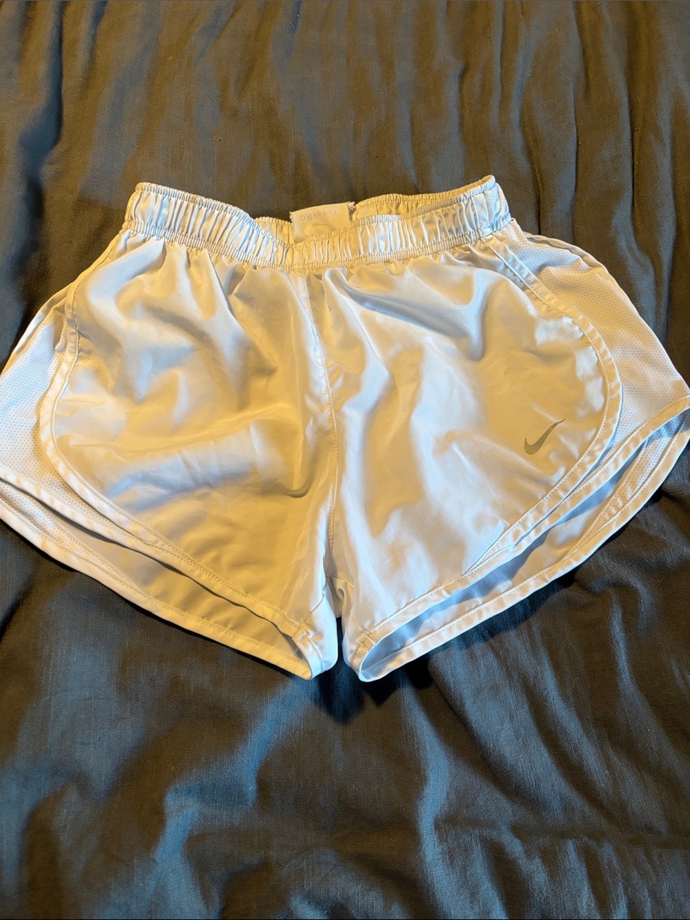 Nike White Women’s Athletic Running Shorts with Silver Swoosh